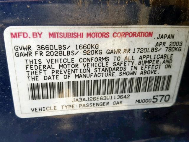 JA3AJ26E63U113642 - 2003 MITSUBISHI LANCER ES BLUE photo 10