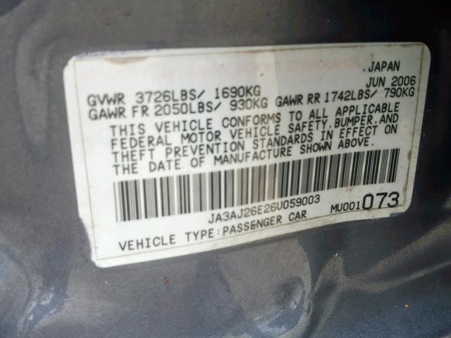 JA3AJ26E26U059003 - 2006 MITSUBISHI LANCER ES GRAY photo 10