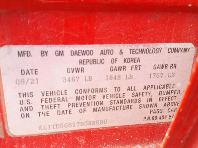 KL1TD56617B088699 - 2007 CHEVROLET AVEO BASE RED photo 10