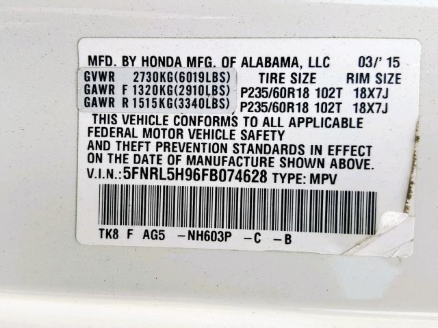 5FNRL5H96FB074628 - 2015 HONDA ODYSSEY TO WHITE photo 10