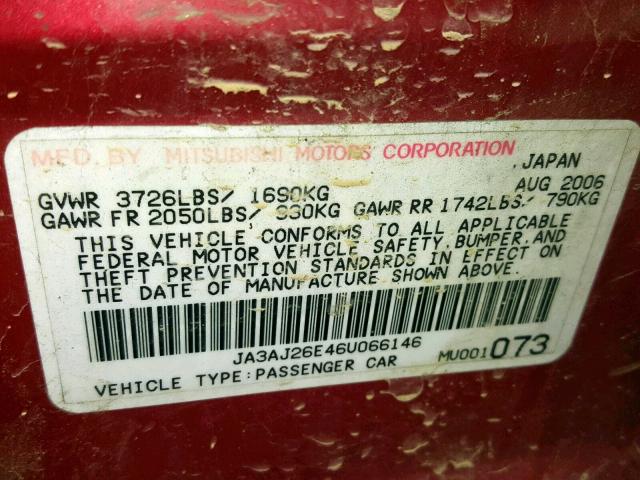 JA3AJ26E46U066146 - 2006 MITSUBISHI LANCER ES RED photo 10