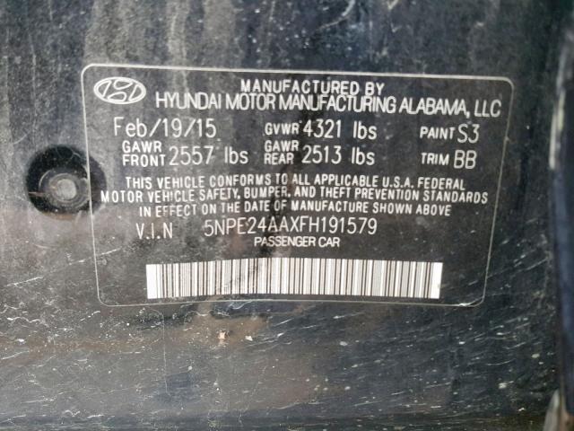 5NPE24AAXFH191579 - 2015 HYUNDAI SONATA ECO BLACK photo 10