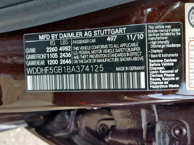 WDDHF5GB1BA374125 - 2011 MERCEDES-BENZ E 350 BLACK photo 10