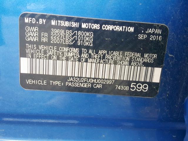 JA32U2FU0HU002997 - 2017 MITSUBISHI LANCER ES BLUE photo 10