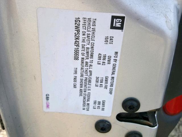 1G2WP52K42F166608 - 2002 PONTIAC GRAND PRIX SILVER photo 10