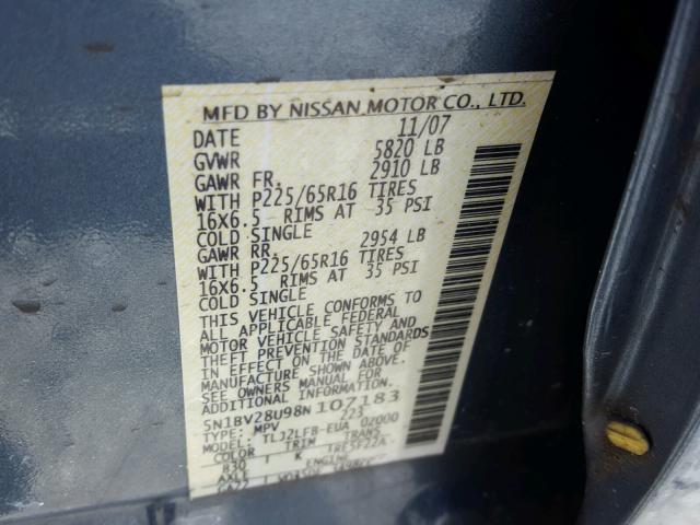 5N1BV28U98N107183 - 2008 NISSAN QUEST S BLUE photo 10