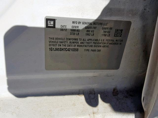 1G1JA5SH7C4210358 - 2012 CHEVROLET SONIC LS WHITE photo 10