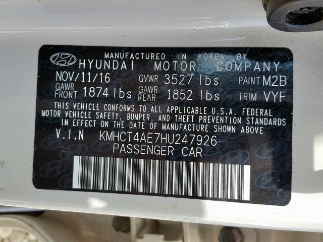 KMHCT4AE7HU247926 - 2017 HYUNDAI ACCENT SE WHITE photo 10