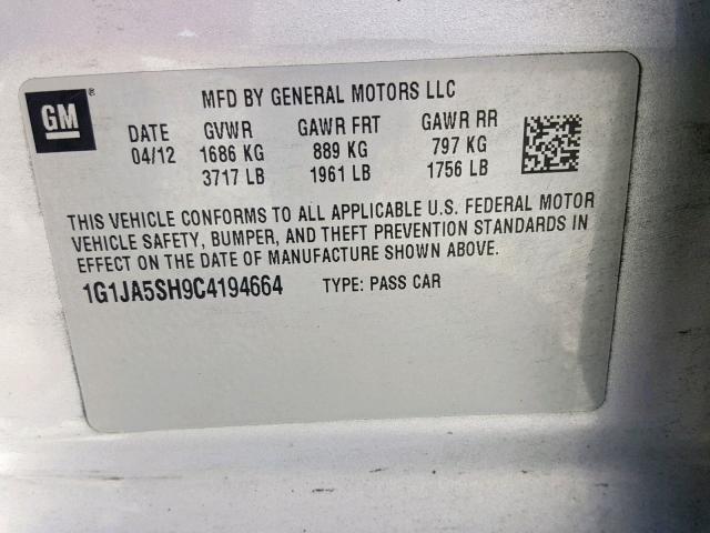 1G1JA5SH9C4194664 - 2012 CHEVROLET SONIC LS SILVER photo 10