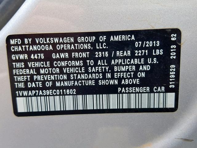 1VWAP7A39EC011602 - 2014 VOLKSWAGEN PASSAT S SILVER photo 10