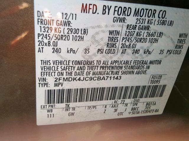 2FMDK4JC9CBA71143 - 2012 FORD EDGE SEL GRAY photo 10