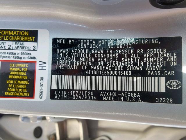 4T1BD1EB5DU015469 - 2013 TOYOTA AVALON HYB SILVER photo 10