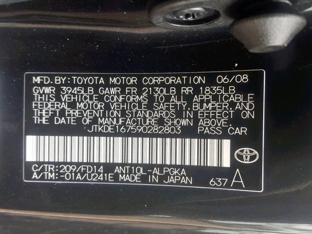 JTKDE167590282803 - 2009 TOYOTA SCION TC შავი ფოტო 10