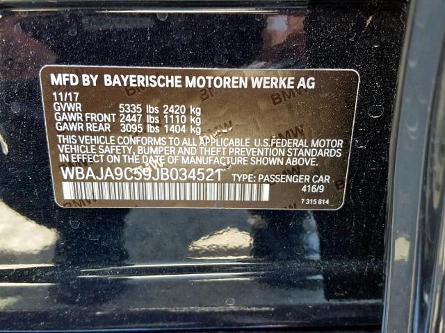 WBAJA9C59JB034521 - 2018 BMW 530E BLACK photo 10
