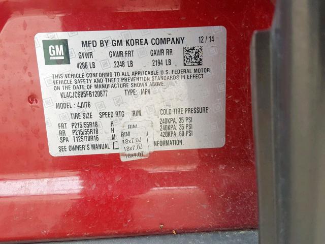 KL4CJCSB5FB120877 - 2015 BUICK ENCORE RED photo 10