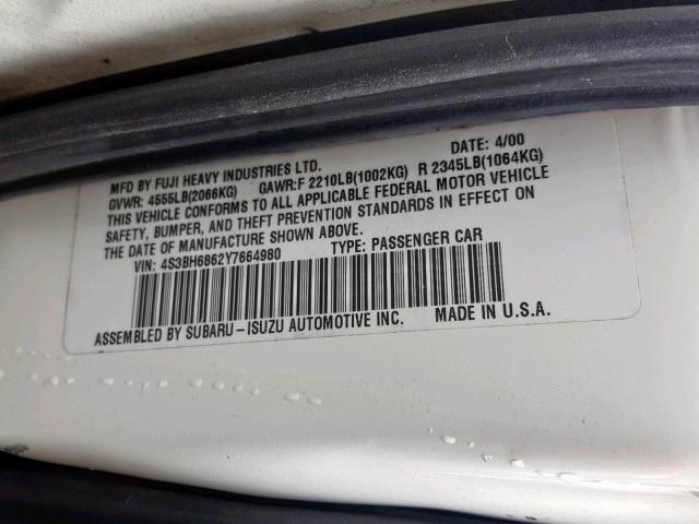 4S3BH6862Y7664980 - 2000 SUBARU LEGACY OUT WHITE photo 10