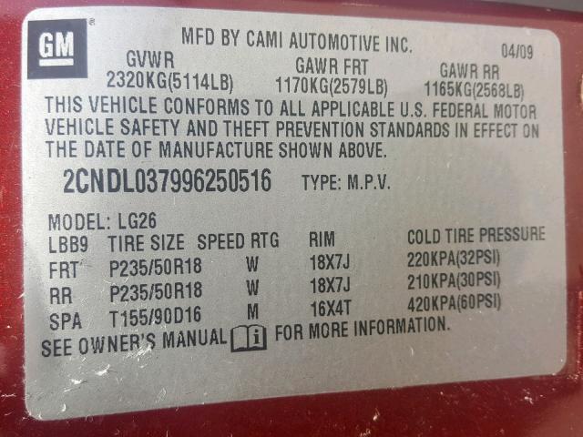 2CNDL037996250516 - 2009 CHEVROLET EQUINOX SP RED photo 10