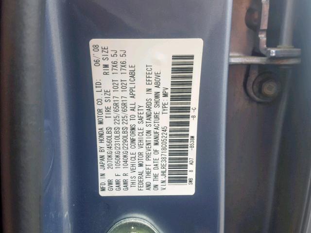 JHLRE38718C052245 - 2008 HONDA CR-V EXL BLUE photo 10