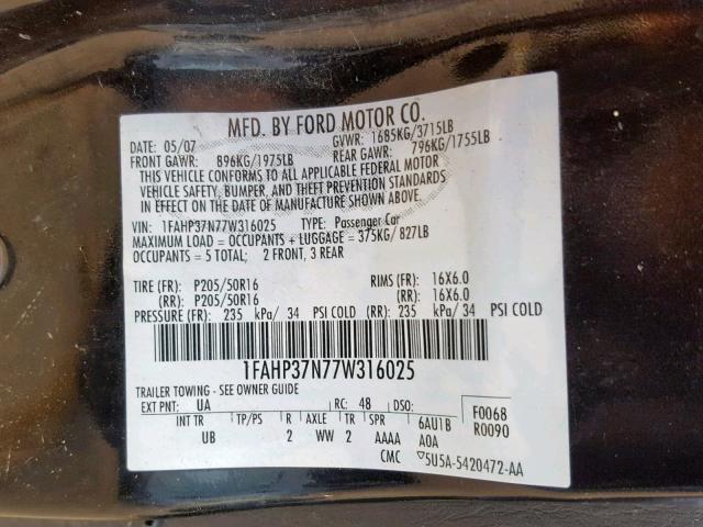 1FAHP37N77W316025 - 2007 FORD FOCUS ZX5 BLACK photo 10