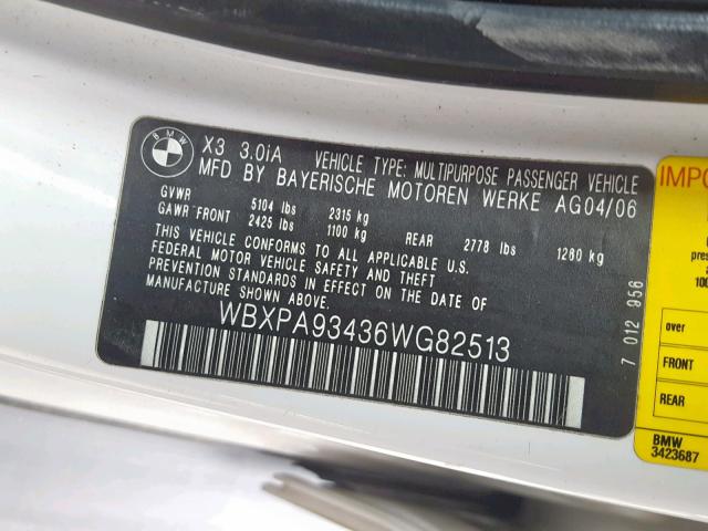 WBXPA93436WG82513 - 2006 BMW X3 3.0I WHITE photo 10