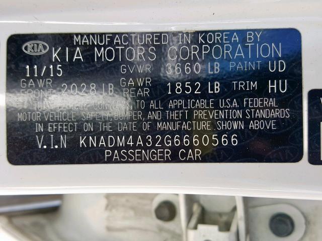 KNADM4A32G6660566 - 2016 KIA RIO LX WHITE photo 10