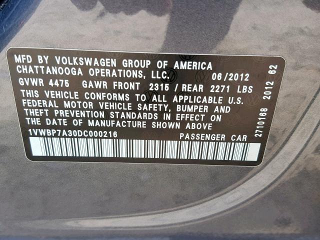 1VWBP7A30DC000216 - 2013 VOLKSWAGEN PASSAT SE GRAY photo 10