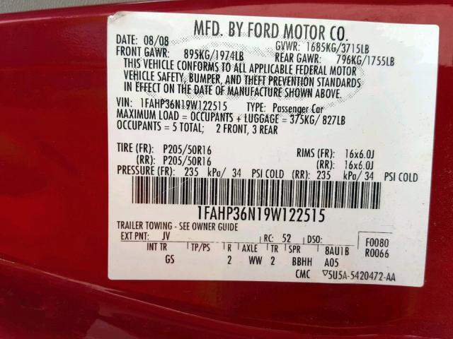 1FAHP36N19W122515 - 2009 FORD FOCUS SES RED photo 10