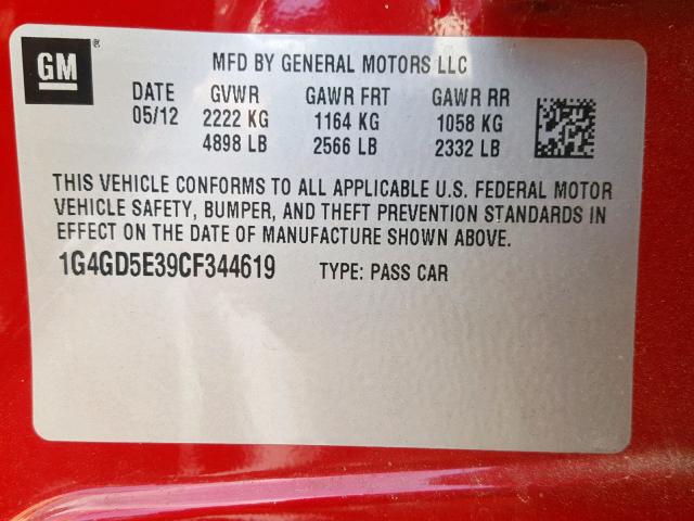 1G4GD5E39CF344619 - 2012 BUICK LACROSSE P RED photo 10