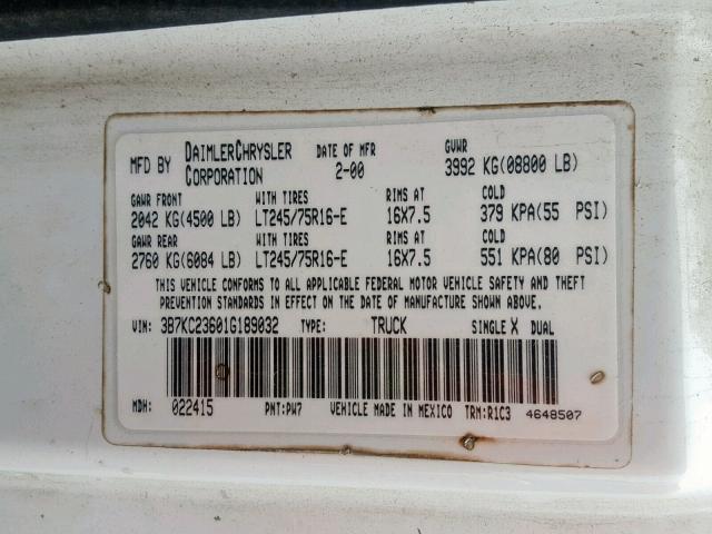 3B7KC23601G189032 - 2001 DODGE RAM 2500 WHITE photo 10