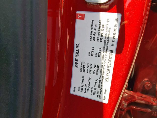 5YJ3E1EB7JF129810 - 2018 TESLA MODEL 3 RED photo 10