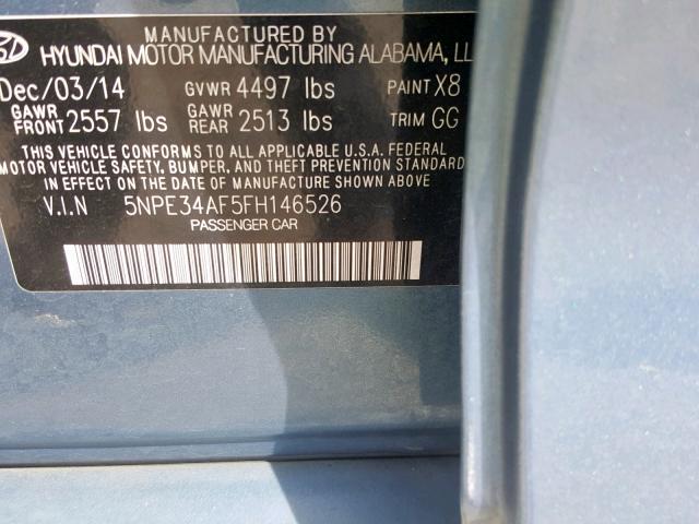 5NPE34AF5FH146526 - 2015 HYUNDAI SONATA SPO GRAY photo 10