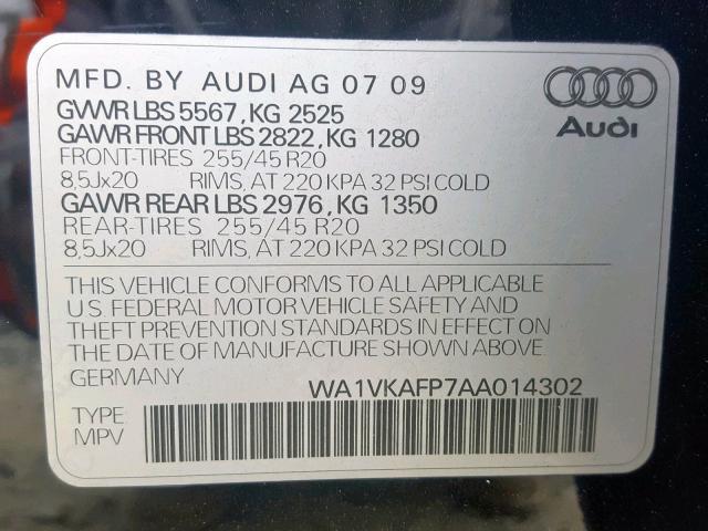 WA1VKAFP7AA014302 - 2010 AUDI Q5 PRESTIG BLACK photo 10