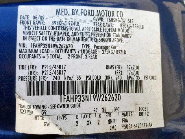 1FAHP33N19W262620 - 2009 FORD FOCUS SES BLUE photo 10