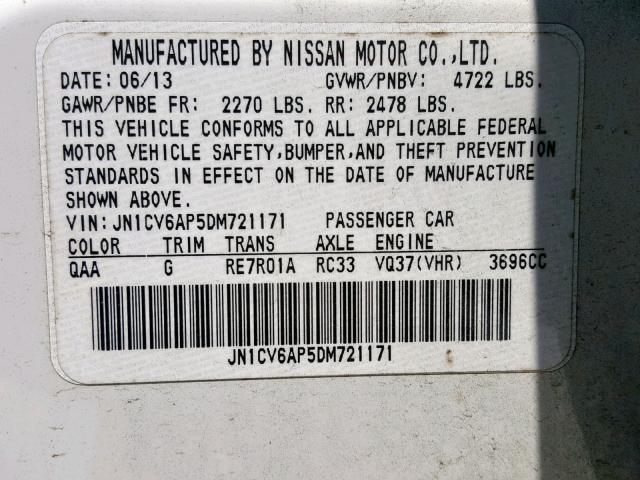 JN1CV6AP5DM721171 - 2013 INFINITI G37 BASE WHITE photo 10