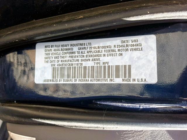 4S4BT62C836115730 - 2003 SUBARU BAJA SPORT BLUE photo 10