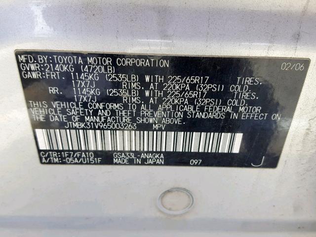 JTMBK31V965003263 - 2006 TOYOTA RAV4 LIMIT GRAY photo 10