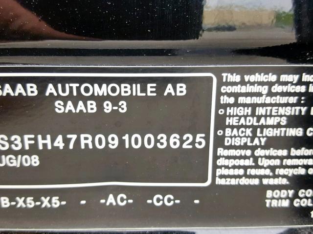 YS3FH47R091003625 - 2009 SAAB 9-3 AERO BLACK photo 10