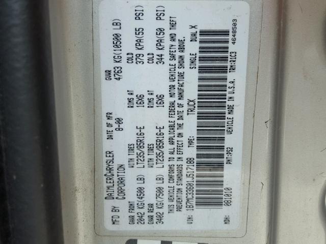 1B7MC33601J517188 - 2001 DODGE RAM 3500 SILVER photo 10