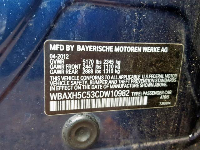 WBAXH5C53CDW10982 - 2012 BMW 528 XI BLUE photo 10