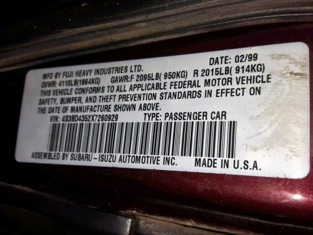 4S3BD4352X7260929 - 1999 SUBARU LEGACY L MAROON photo 10