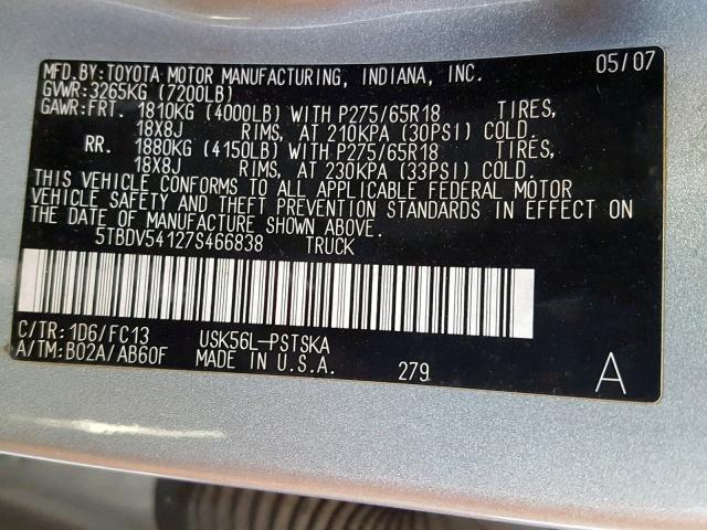 5TBDV54127S466838 - 2007 TOYOTA TUNDRA CRE SILVER photo 10