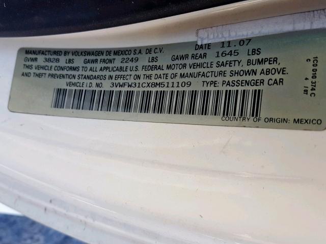 3VWFW31CX8M511109 - 2008 VOLKSWAGEN NEW BEETLE თეთრი ფოტო 10