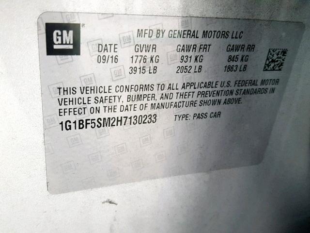 1G1BF5SM2H7130233 - 2017 CHEVROLET CRUZE PREM SILVER photo 10