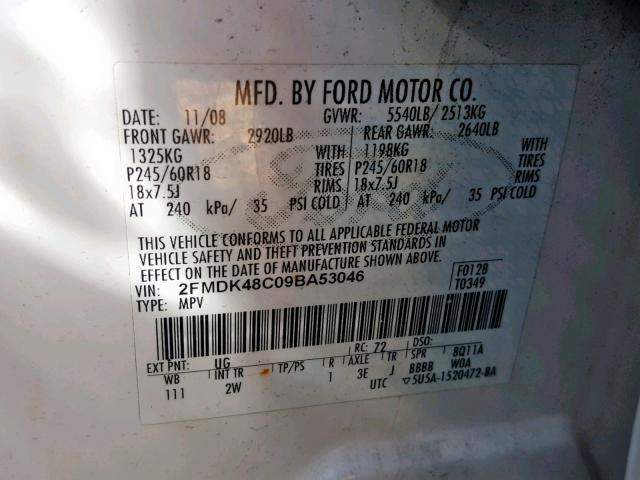 2FMDK48C09BA53046 - 2009 FORD EDGE SEL WHITE photo 10