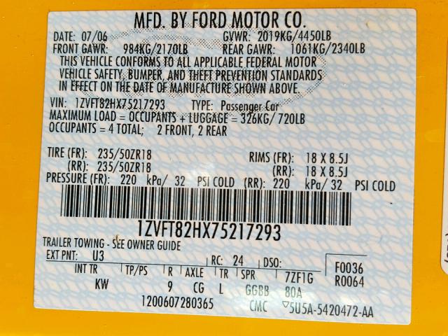 1ZVFT82HX75217293 - 2007 FORD MUSTANG GT YELLOW photo 10