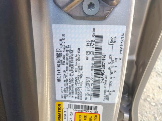 3FA6P0G75KR201961 - 2019 FORD FUSION S SILVER photo 10