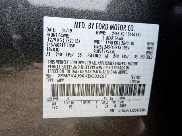 2FMPK4J90KBC03657 - 2019 FORD EDGE SEL GRAY photo 10