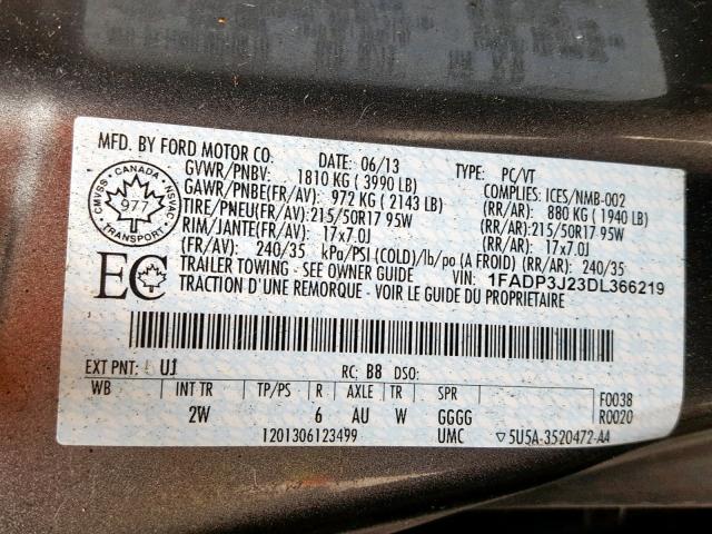 1FADP3J23DL366219 - 2013 FORD FOCUS TITA GRAY photo 10