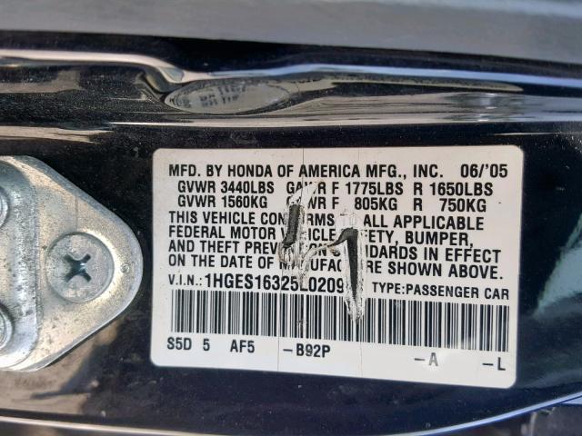 1HGES16325L020944 - 2005 HONDA CIVIC DX V BLACK photo 10