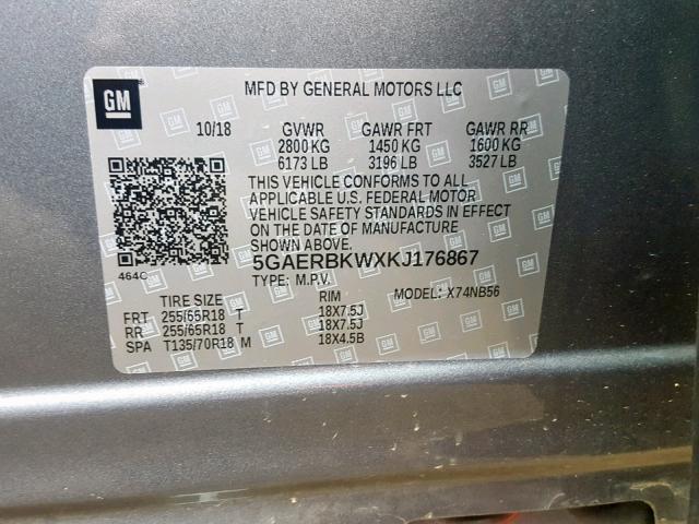 5GAERBKWXKJ176867 - 2019 BUICK ENCLAVE ES GRAY photo 10